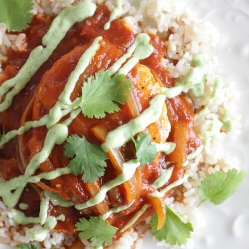 Skillet Chicken in Tomato Chipotle Sauce With Avocado Crema