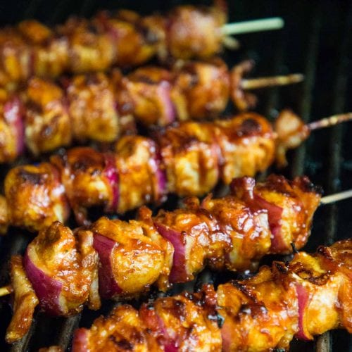 Barbecued Bacon Bourbon Chicken Skewers