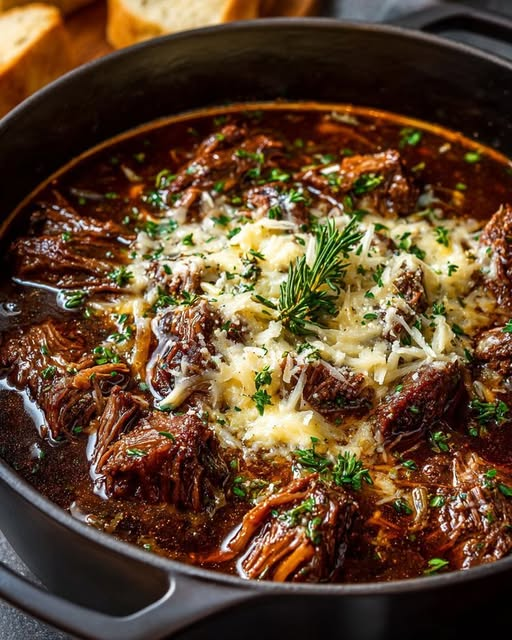 Slow-Braised French Onion Chuck Roast with Caramelized Onions and Cheese