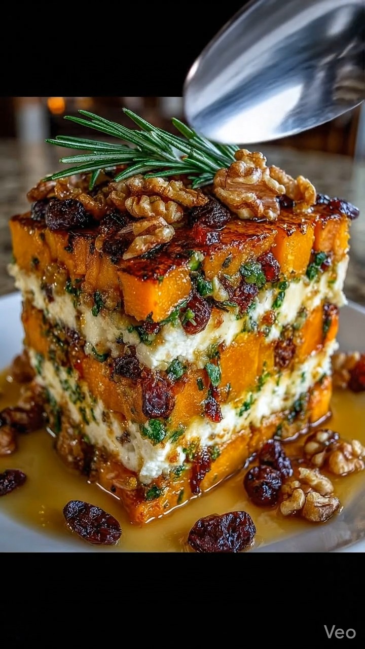 Layered Sweet Potato, Butternut Squash & Carrot Lasagna with Feta, Walnuts & Cranberry-Honey Glaze