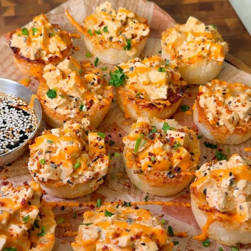 Crispy Rice Sushi Cups with Spicy Tofu (Vegan)