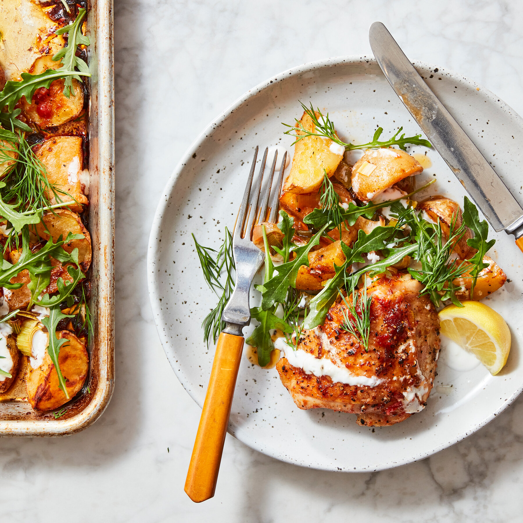 Sheet-Pan Chicken With Potatoes, Arugula and Garlic Yogurt