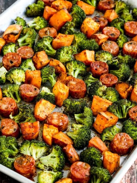 Roasted Sweet Potatoes, Sausage, and Broccoli Sheet Pan Meal