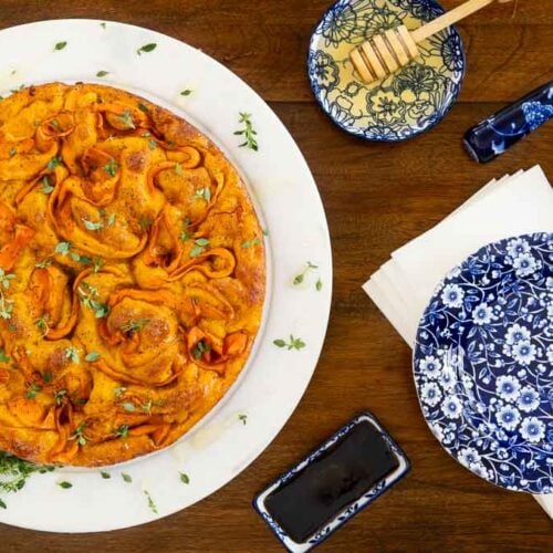 This Carrot Focaccia with Honey and Thyme is as beautiful as it is delicious! It's also a no-knead focaccia that's super simple to put together!