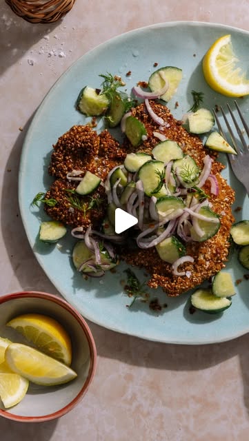 Crunchy Golden Sesame Chicken Cutlets with Creamy Cucumber Salad