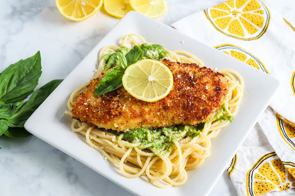 Lemon Pepper Panko Crusted Chicken With Pesto Pasta