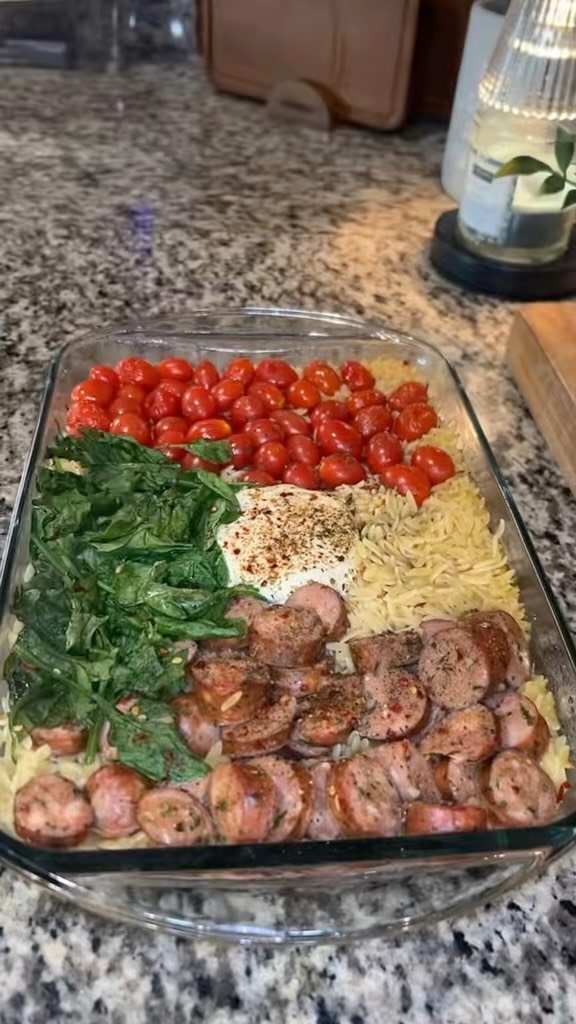 Dump & Bake Creamy Boursin Sausage Orzo